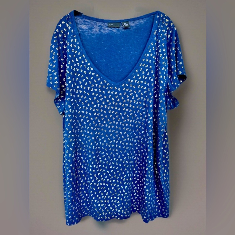 Jones New York Short Sleeve V-Neck Cotton Blend Shirt Navy with Gold Anchors 3X
